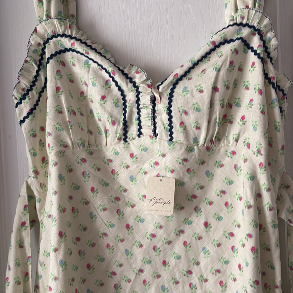 NWT Free People Cotton Sweetheart Tie Back Floral Maxi Dress w RicRac trim. Sz L - Picture 2 of 5